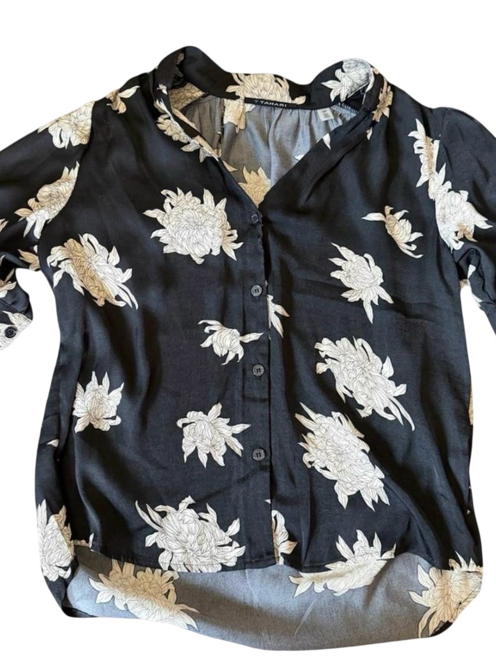 T Tahari Black Floral Button-Front Blouse Size Small/P